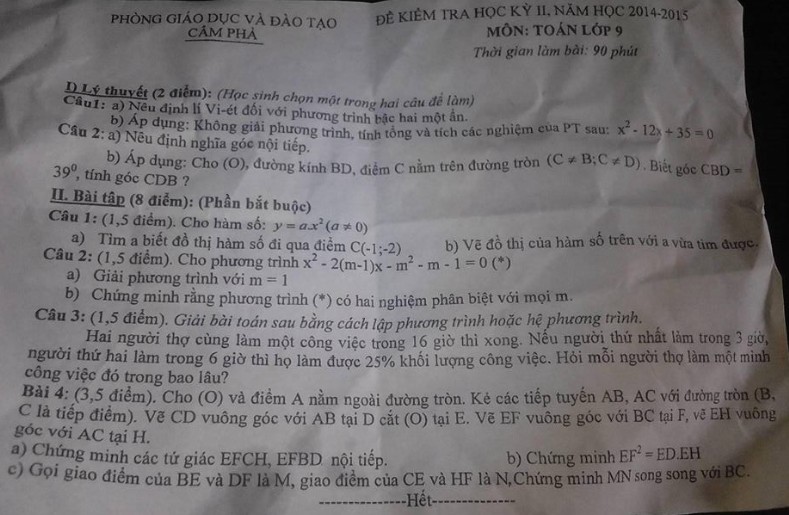 De thi hoc ki 2 lop 9 mon Toan 2015 Cam Pha