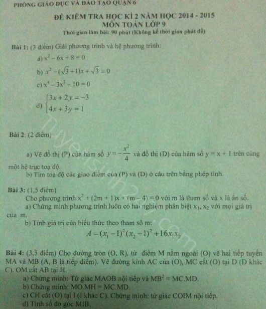 De thi hoc ki 2 lop 9 mon Toan quan 6 nam 2015