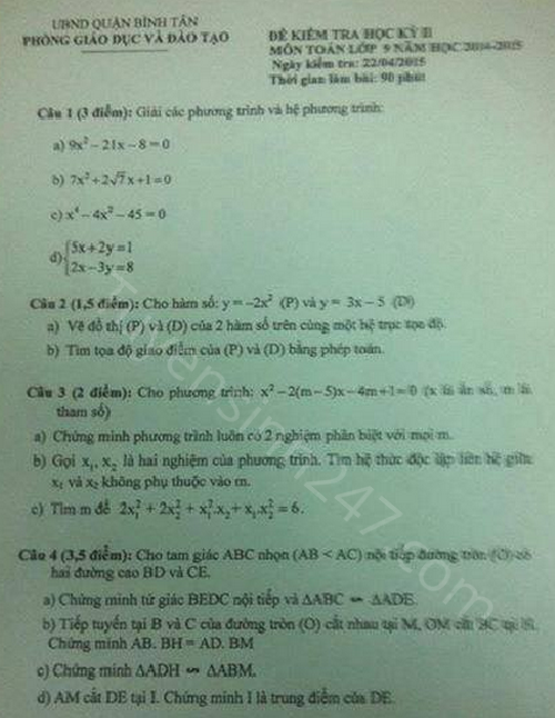De thi hoc ki 2 lop 9 mon Toan quan Binh Tan 2015