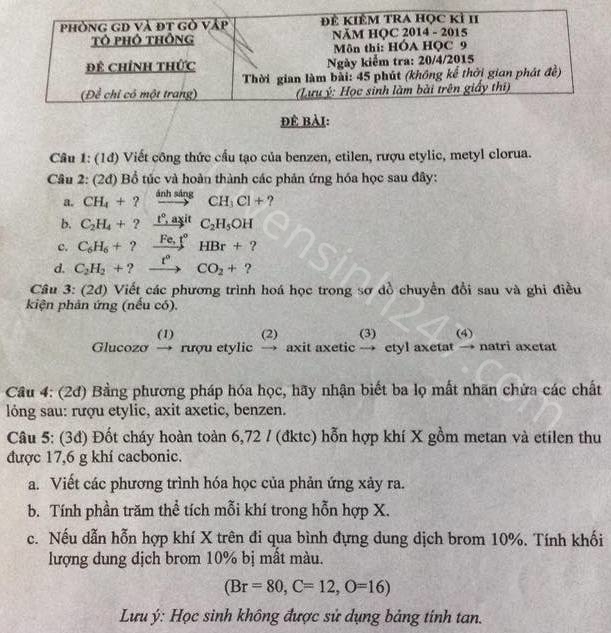 De thi hoc ki 2 lop 9 mon Hoa nam 2015 quan Go Vap
