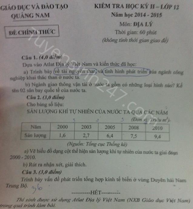De thi hoc ki 2 lop 12 mon Dia nam 2015 tinh Quang Nam