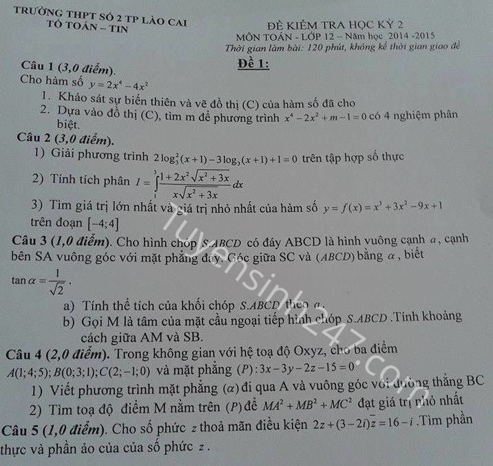 De thi hoc ki 2 lop 12 mon Toan 2015 Lao Cai