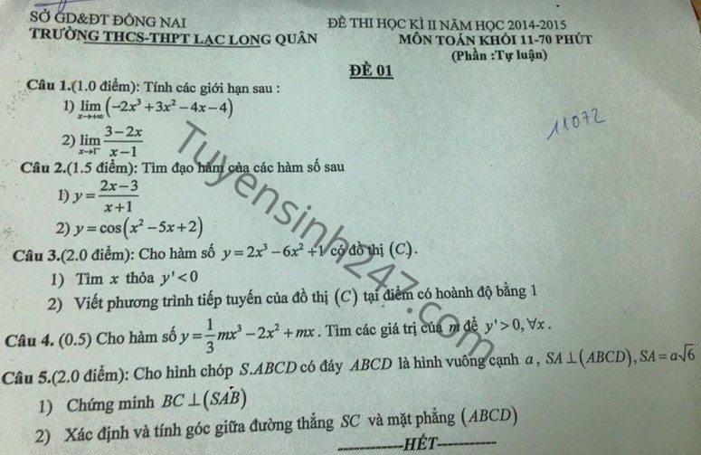 De thi hoc ki 2 lop 11 mon Toan 2015 THPT Lac Long Quan