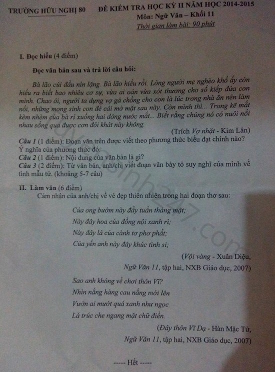 De thi hoc ki 2 lop 11 mon Van nam 2015 - Huu Nghi