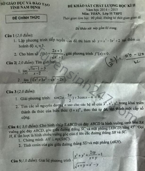 De thi hoc ki 2 lop 11 mon Toan Nam Dinh 2015