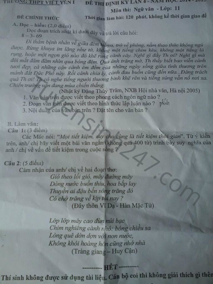 De thi hoc ki 2 lop 11 mon Van 2015 - Viet Yen