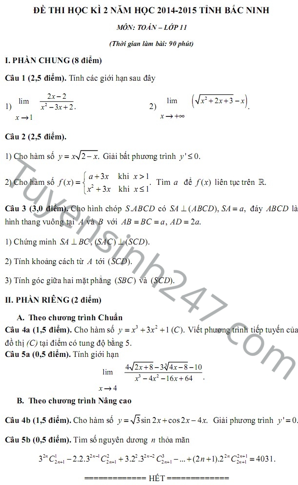 De thi hoc ki 2 lop 11 mon Toan 2015 Bac Ninh