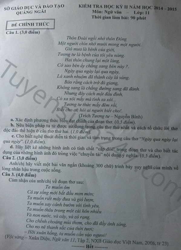 De thi hoc ki 2 lop 11 mon Van nam 2015 Quang Ngai