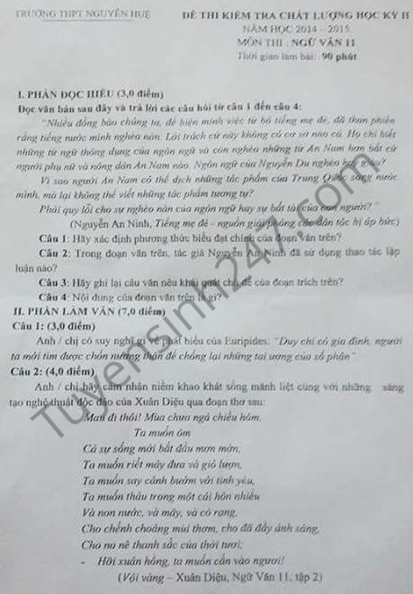 De thi hoc ki 2 lop 11 mon Van THPT Nguyen Hue 2015