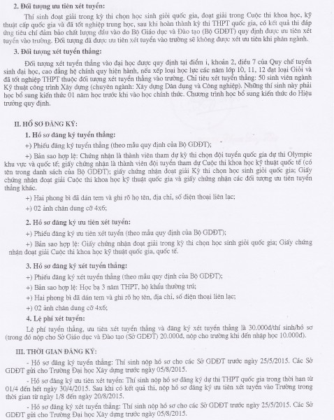 Quy dinh tuyen thang Dai hoc xay dung nam 2015