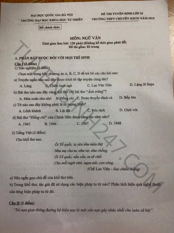 De thi vao lop 10 mon Van THPT chuyen Khoa hoc tu nhien 2015