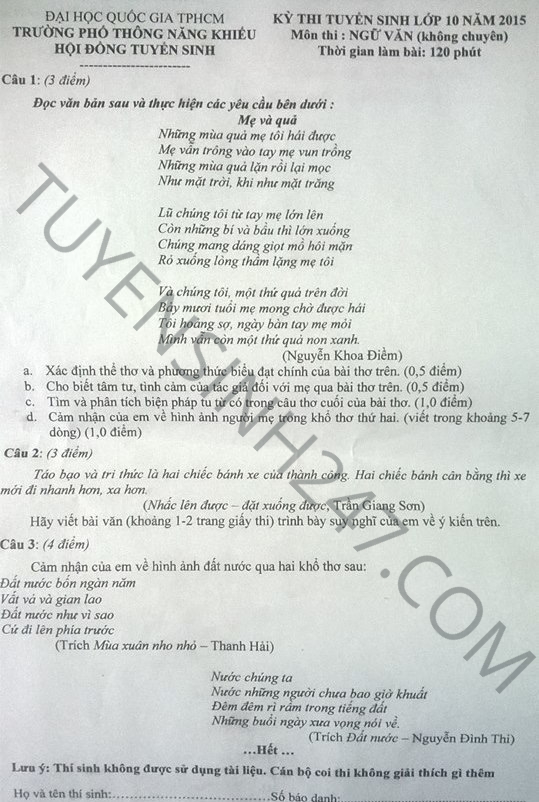 De thi vao lop 10 mon Van Pho thong Nang khieu DH Quoc gia TPHCM 2015