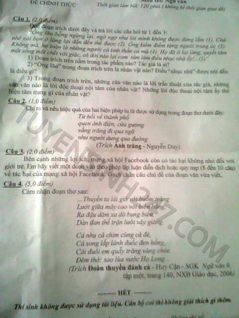 Dap an de thi vao lop 10 mon Van tinh Hung yen nam 2015