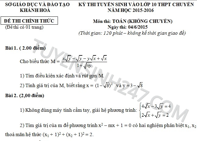 Dap an de thi vao lop 10 mon Toan THPT chuyen Le Quy Don - Khanh Hoa 2015