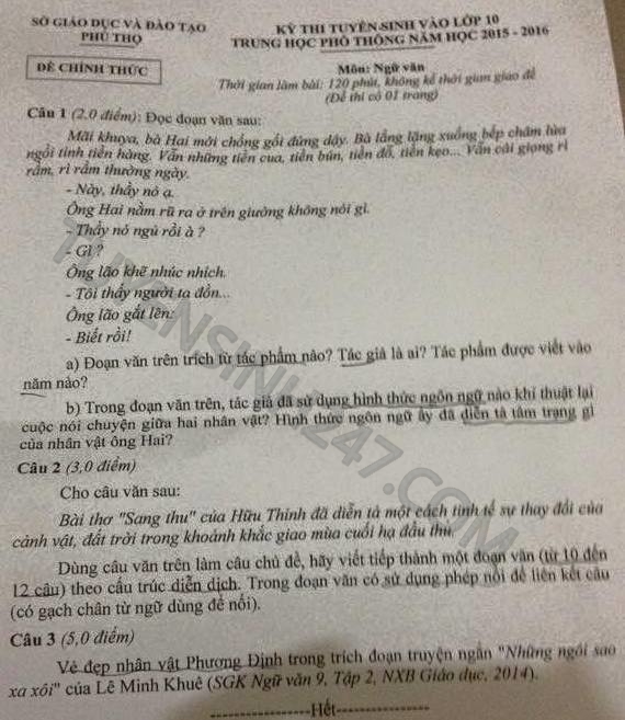 Dap an de thi vao lop 10 mon Van tinh Phu Tho 2015