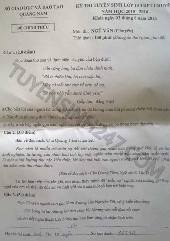 De thi vao lop 10 mon Van chuyen Quang Nam 2015