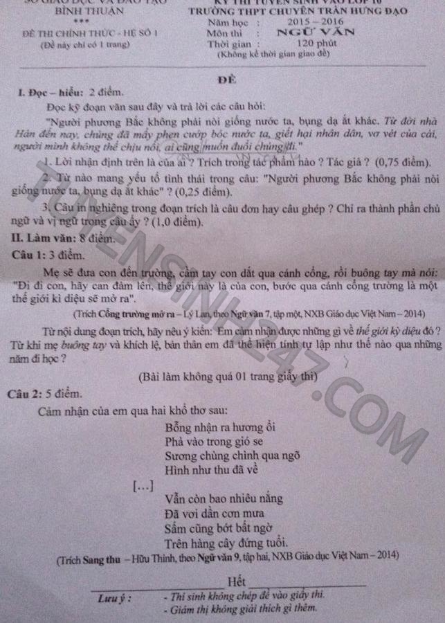 De thi vao lop 10 mon Van THPT chuyen Tran Hung Dao 2015