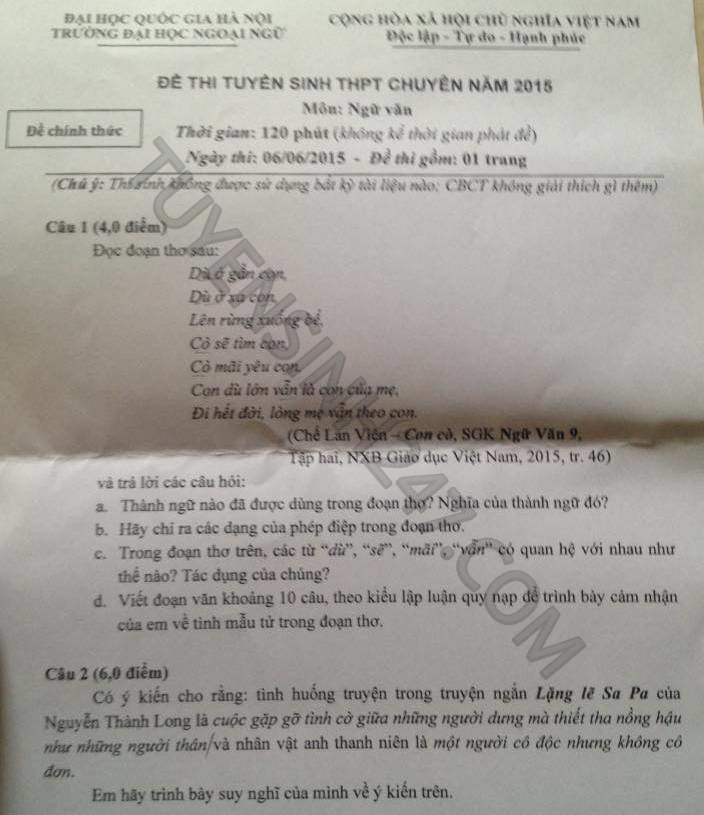 Dap an de thi vao lop 10 mon Van THPT chuyen Ngoai Ngu 2015