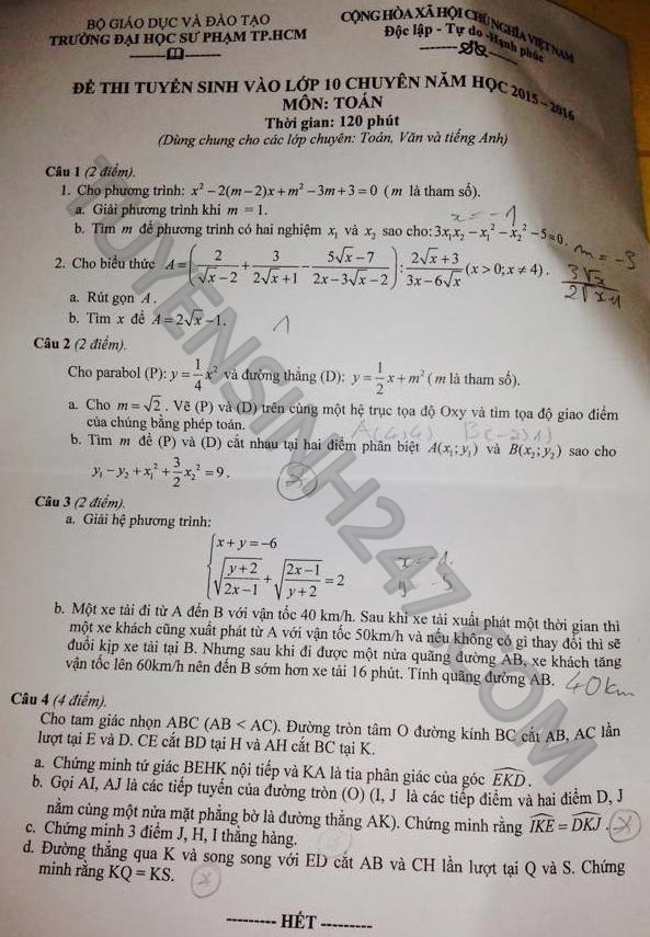 De thi vao lop 10 mon Toan THPT chuyen DH su pham TPHCM 2015