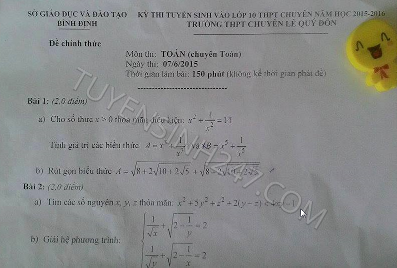 De thi vao lop 10 mon Toan chuyen - THPT chuyen Le Quy Don 2015