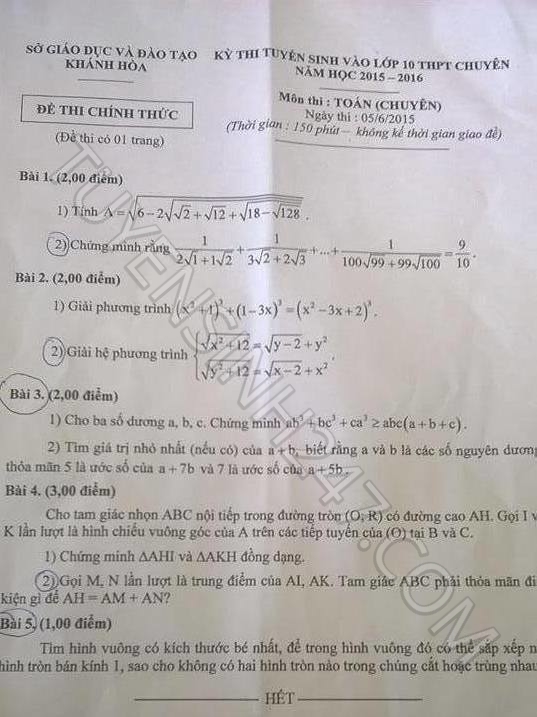 De thi vao lop 10 Toan chuyen - THPT chuyen Khanh Hoa nam 2015