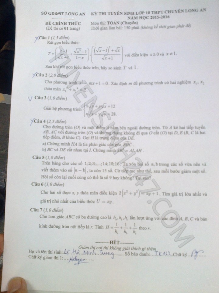 De thi tuyen sinh vao lop 10 mon Toan chuyen - THPT chuyen Long An nam 2015