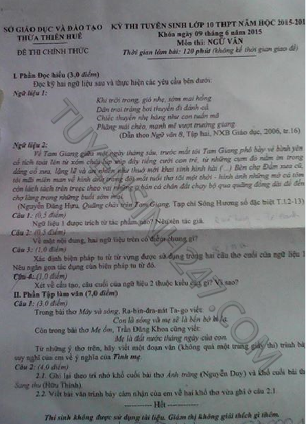 De thi tuyen sinh vao lop 10 mon Van Thua Thien Hue nam 2015