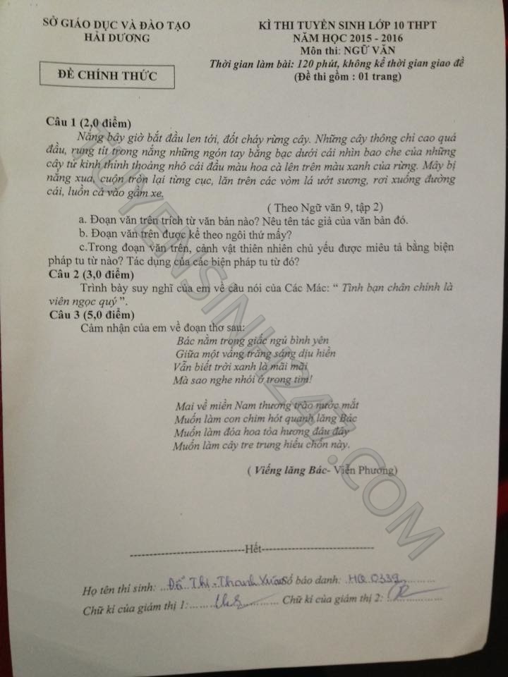 De thi tuyen sinh vao lop 10 mon Van tinh Hai Duong nam 2015