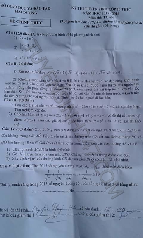 Dap an de thi vao lop 10 mon Toan tinh Hai Duong nam 2015
