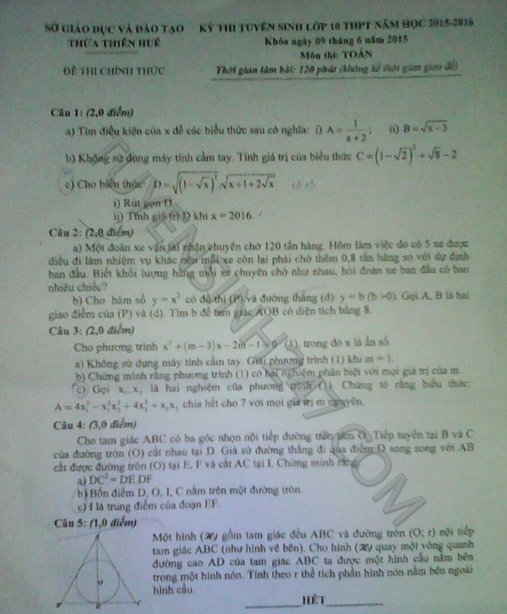 De thi vao lop 10 mon Toan tinh Thua Thien Hue nam 2015