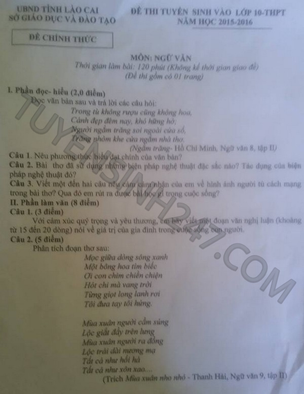 De thi vao lop 10 mon Van tinh Lao Cai nam 2015