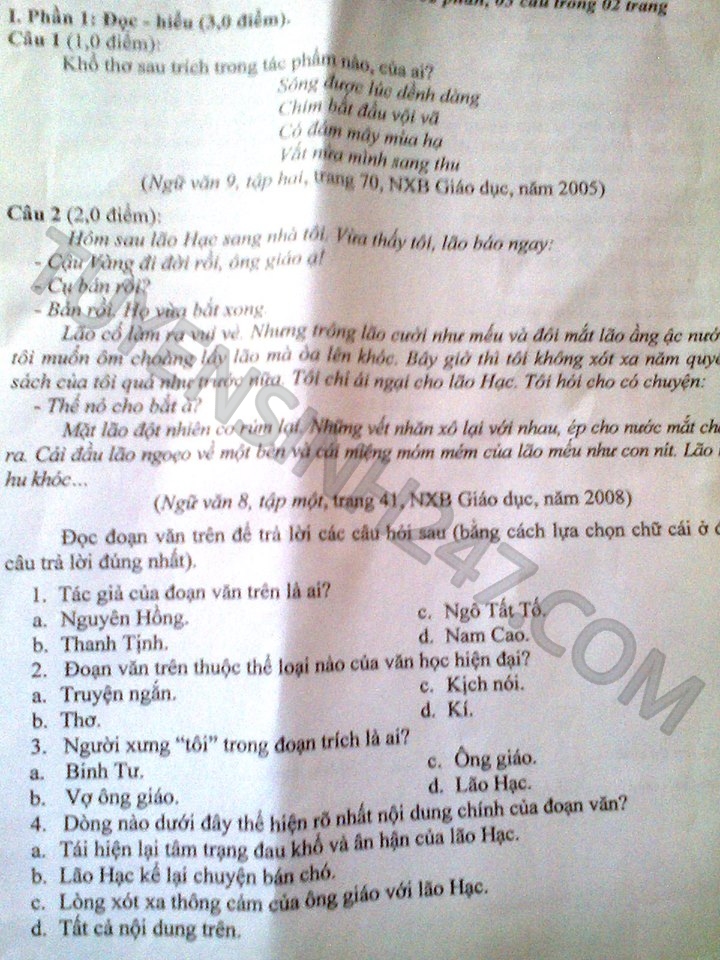 De thi vao lop 10 mon Van tinh Ninh Binh nam 2015