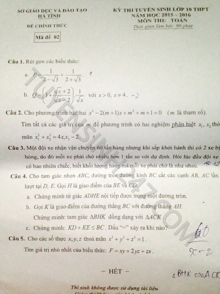 De thi vao lop 10 mon Toan tinh Ha Tinh nam 2015