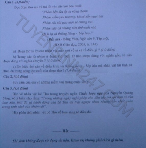 De thi vao lop 10 mon Van - THPT chuyen Luong Van Chanh nam 2015