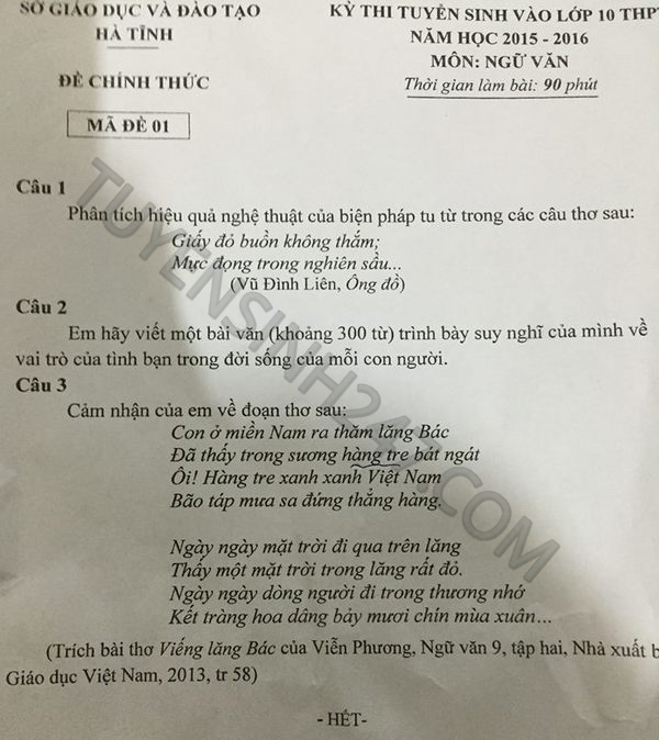 De thi vao lop 10 mon Van tinh Ha Tinh nam 2015
