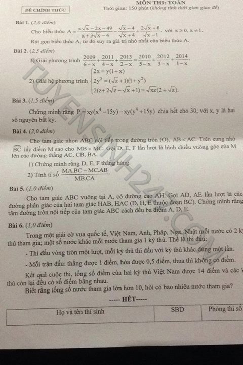 De thi vao lop 10 mon Toan chuyen - THPT chuyen Le Quy Don nam 2015