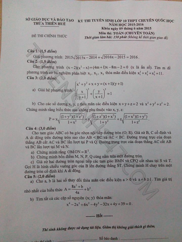 De thi vao lop 10 mon Toan chuyen - THPT Quoc hoc Hue nam 2015