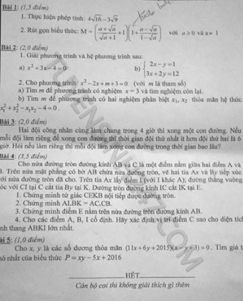 De thi vao lop 10 mon Toan tinh Quang Ngai nam 2015