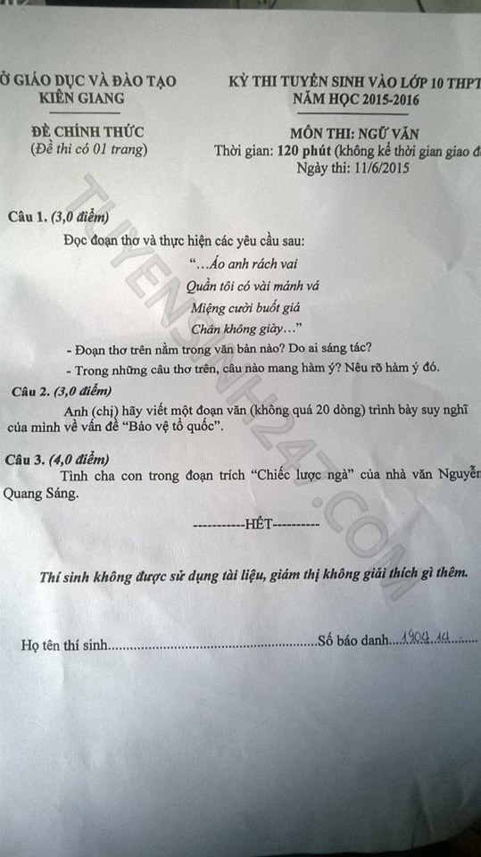 De thi vao lop 10 mon Van tinh Kien Giang nam 2015