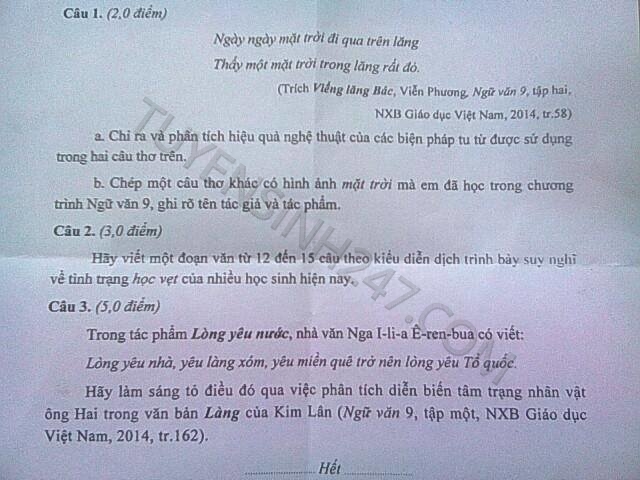 De thi vao lop 10 mon Van tinh Quang Ninh nam 2015