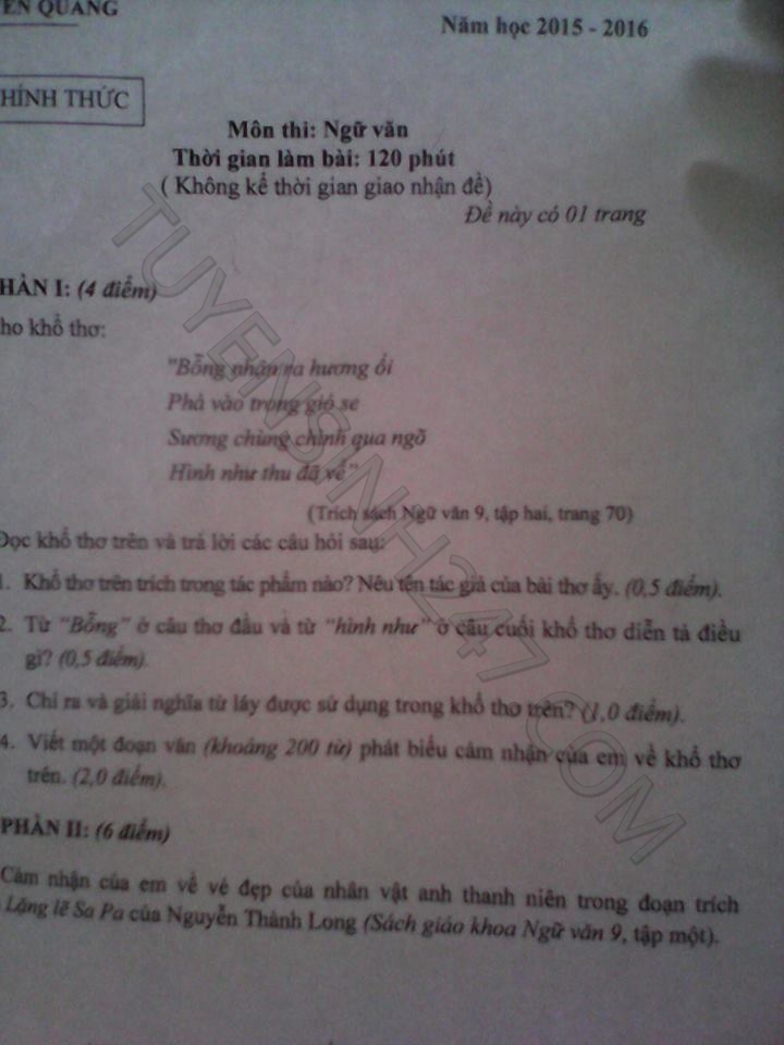 De thi vao lop 10 mon Van tinh Tuyen Quang nam 2015