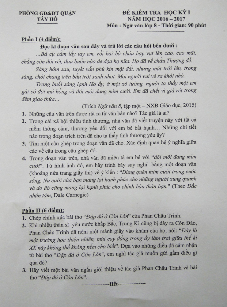 De thi hoc ki 1 mon Van 8 - Phong GD&DT Quan Tay Ho nam 2016-2017