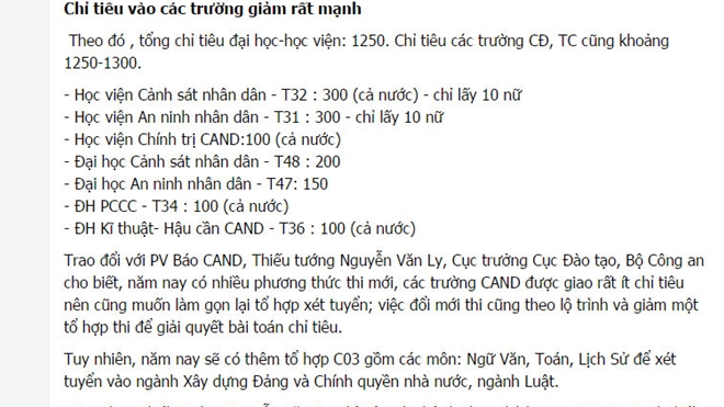 Chi tieu cac truong CAND nam 2017 lai xuat hien thong tin khong chuan