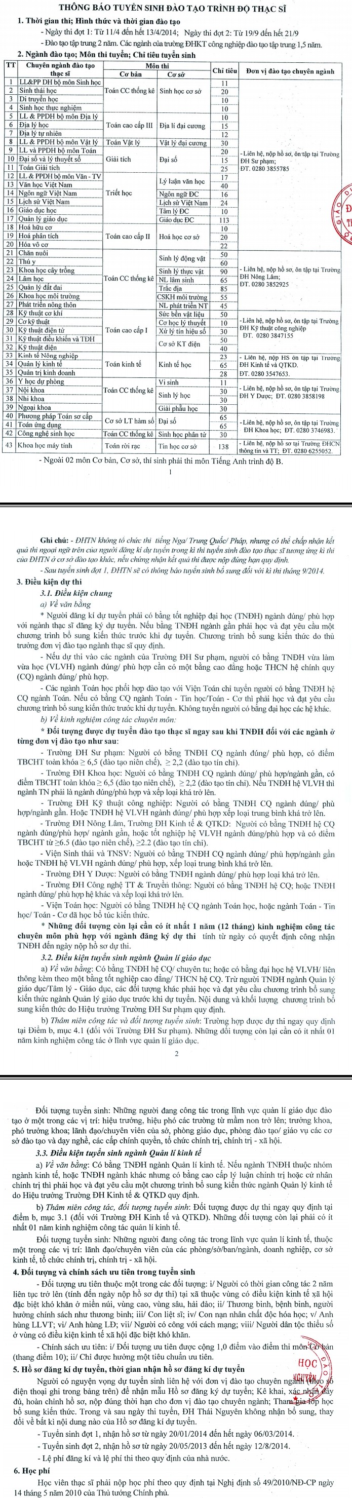 Dai hoc Thai Nguyen tuyen sinh cao hoc nam 2014