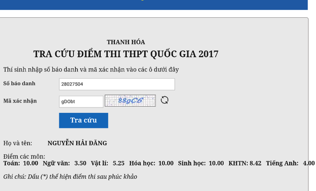 Kết quả điểm thi của Hải Đăng
