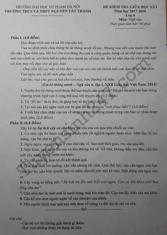 De thi giua hoc ki 1 mon Van lop 6 - Nguyen Tat Thanh 2017