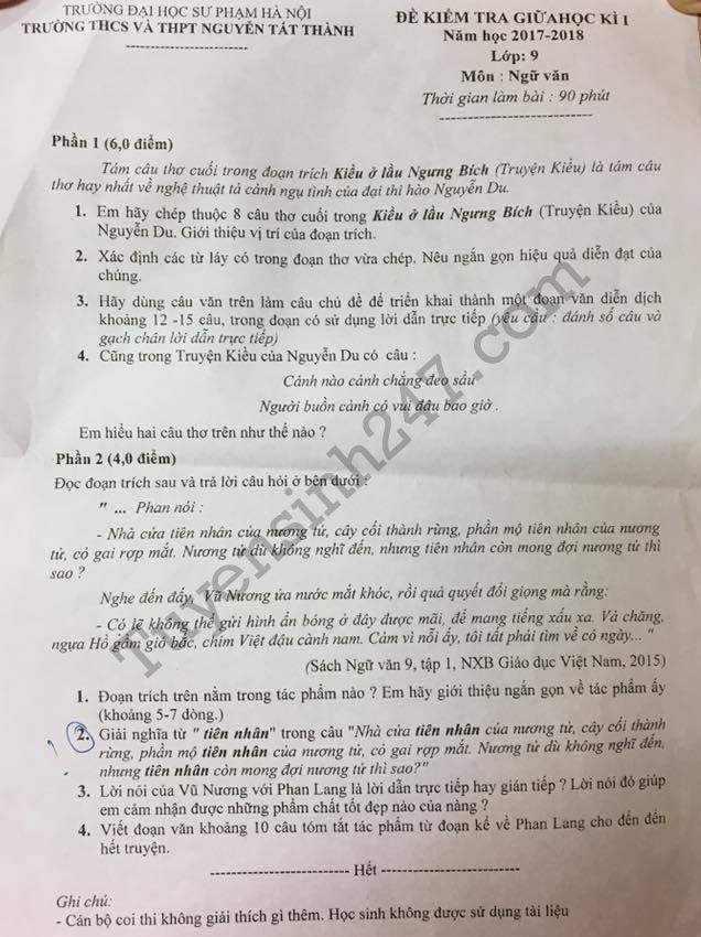 De thi giua ki 1 lop 9 mon Van - Nguyen Tat Thanh 2017