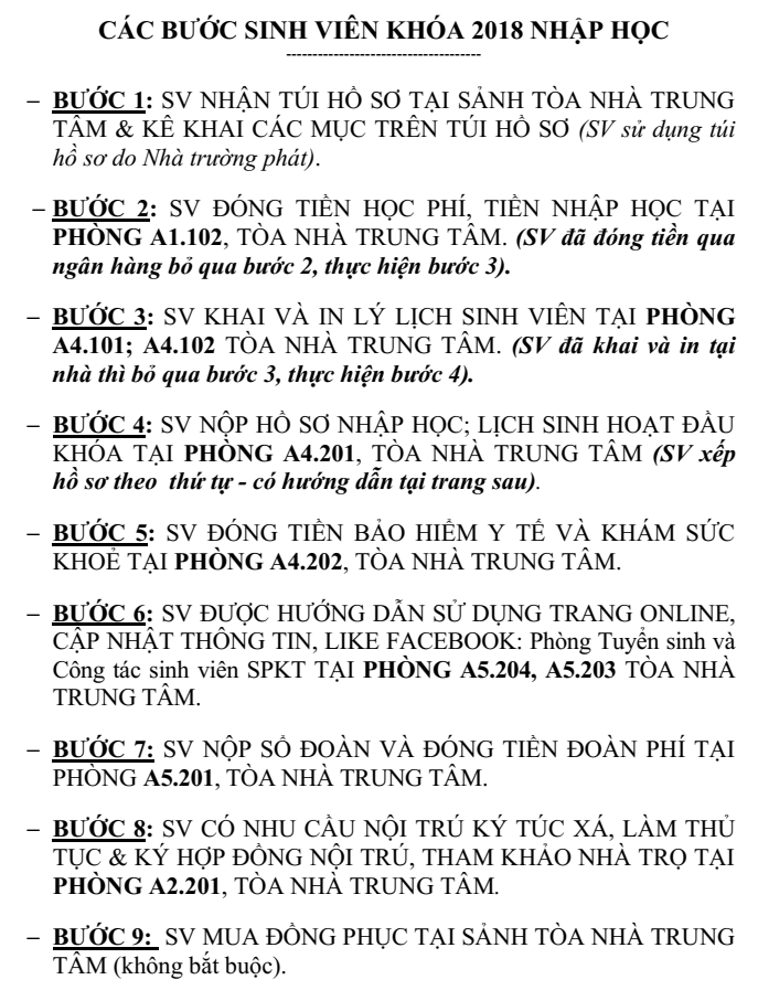 Dai hoc su pham ky thuat TPHCM huong dan lam thu tuc nhap hoc 2018