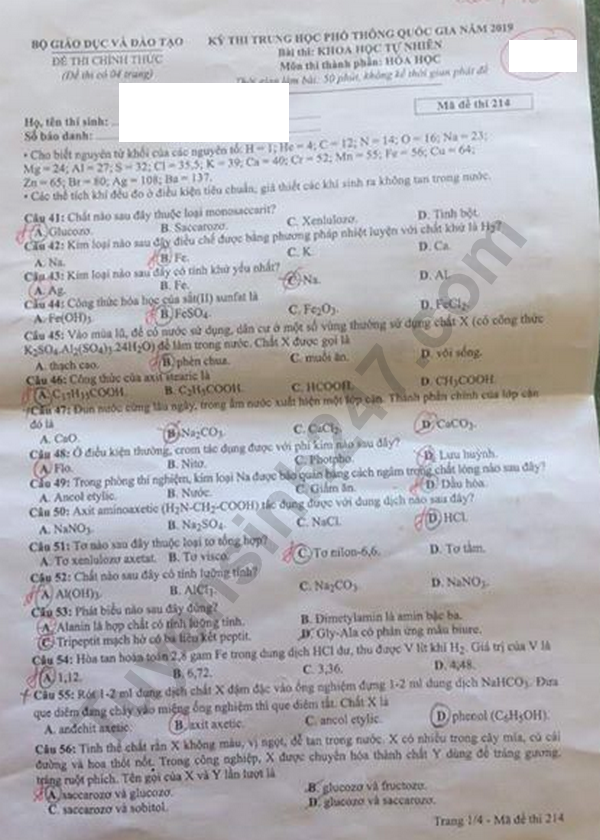 Dap an de thi THPTQG nam 2019 mon Hoa- ma 214 cua Bo GD