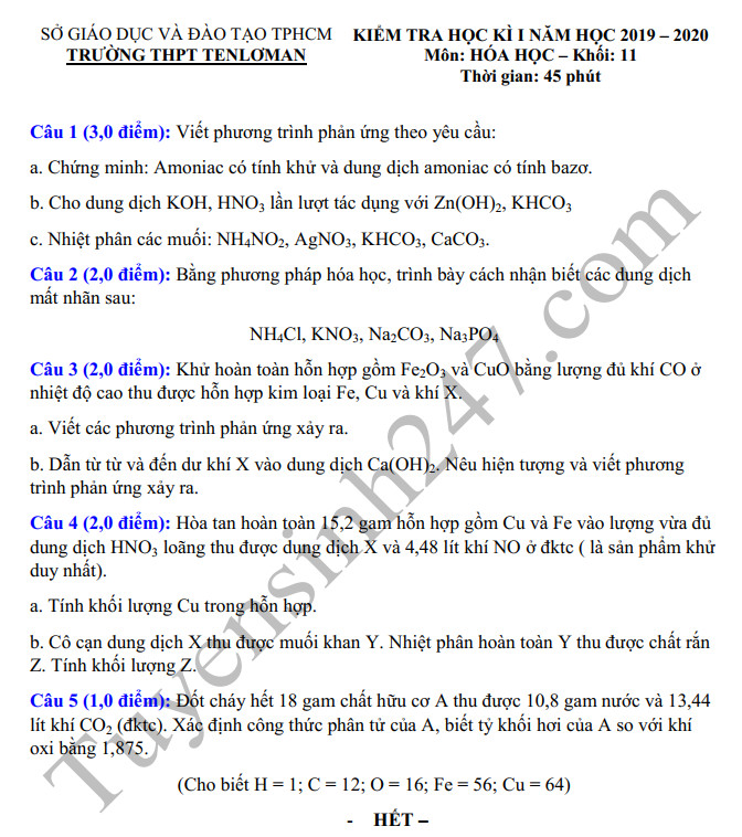 De thi cuoi hoc ki 1 lop 11  Hoa - THPT Tenloman nam 2019 -2020